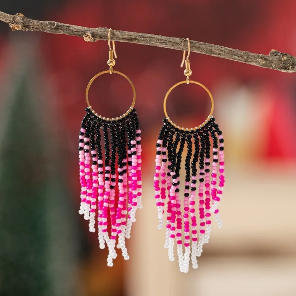 Pink Beaded Tassel Earrings Boho Western Cowgirl Fringe Statement Jewelry Gift